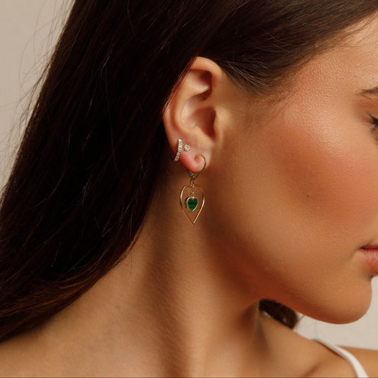 14K Yellow Gold Malachite Heart Earrings