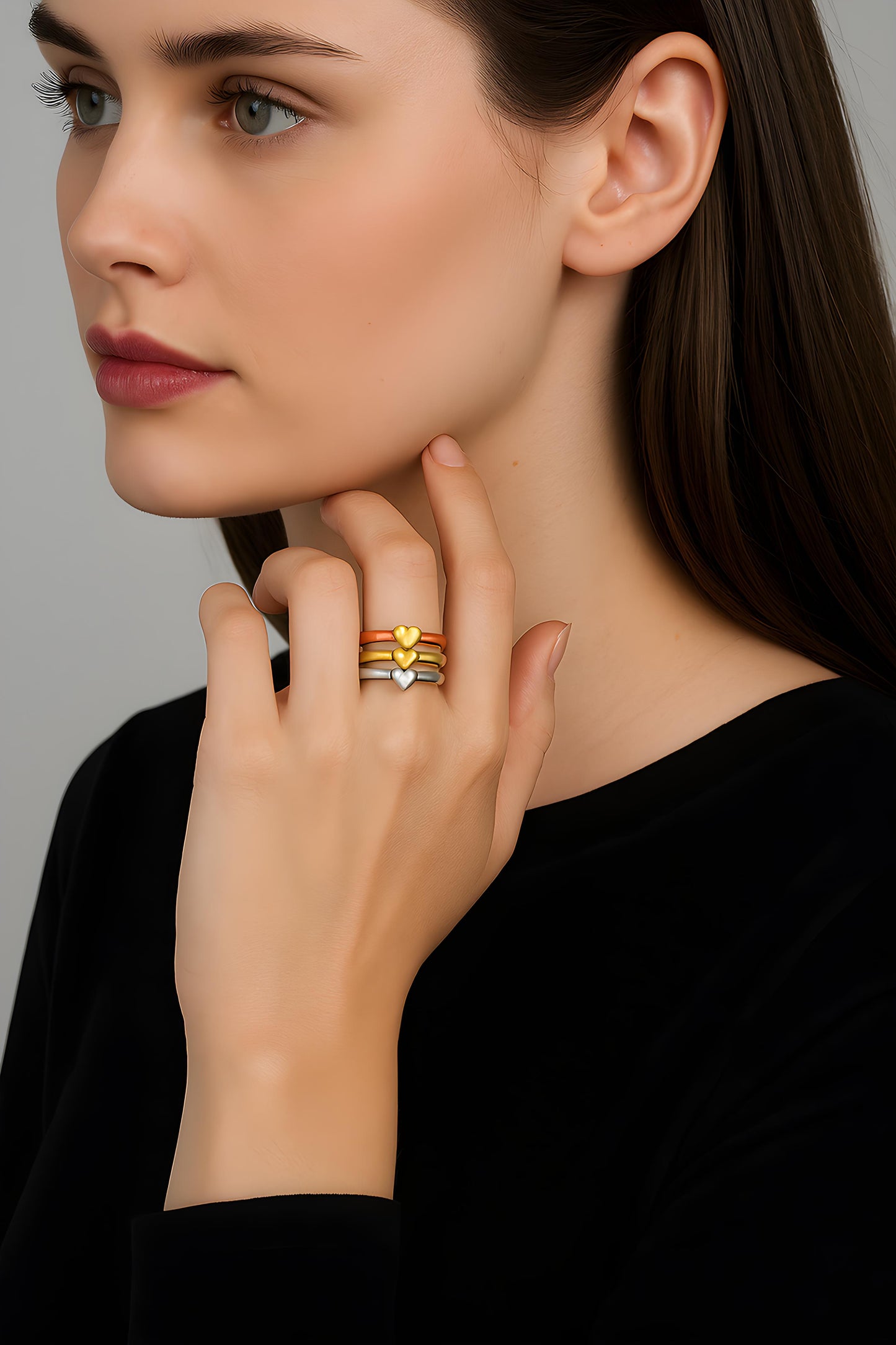 Solid 14K Tricolor Gold Dia-Cut Hearts Ring EJLR30445
