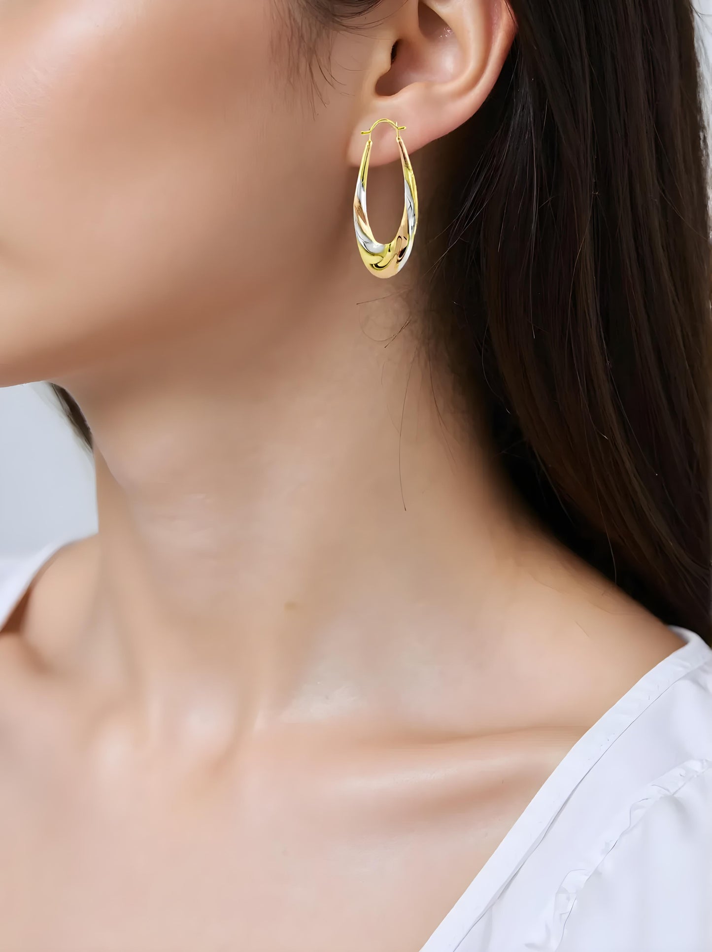 Solid 14K Tricolor Gold Oval Earrings EJER3881TR