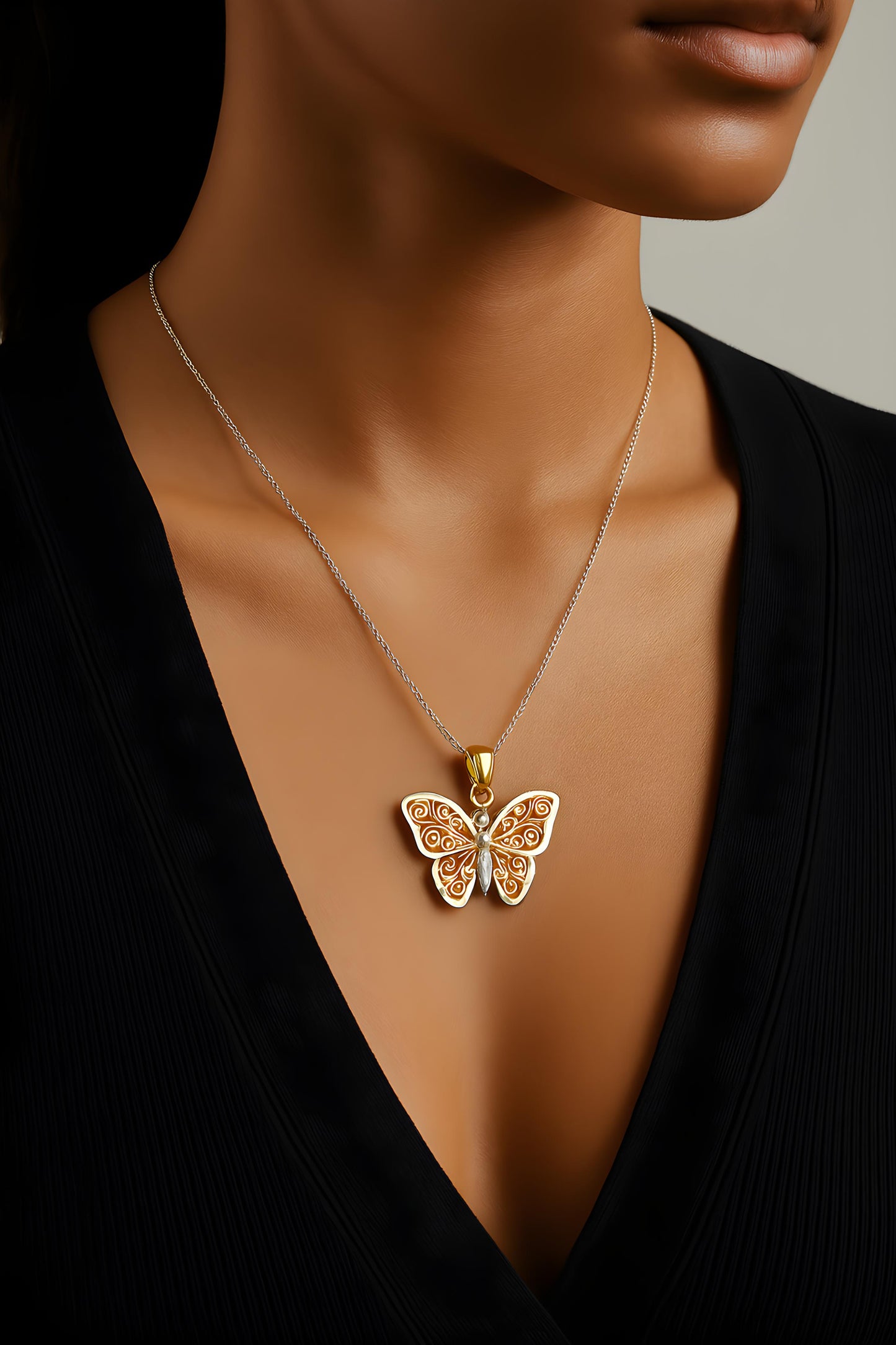 Solid 14K Two-Tone Gold Butterfly Pendant EJPT433