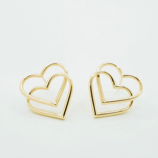 Fancy 14K Yellow Gold Double Heart Earrings EJER0956