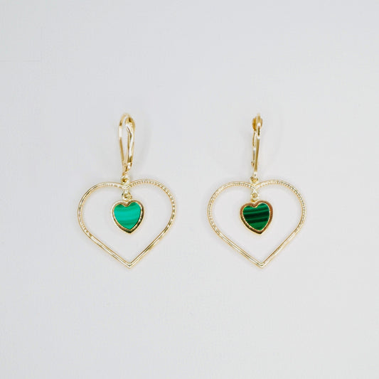 Very stylish and elegant, these heart earrings are crafted in highly polished 14K yellow gold and also include a miniature malachite heart in the center. These earrings are the perfect mix of stylish and chic, amazing for every day wear. 
The pair weighs 2.5 grams.
An earring measures 1.25 inches long