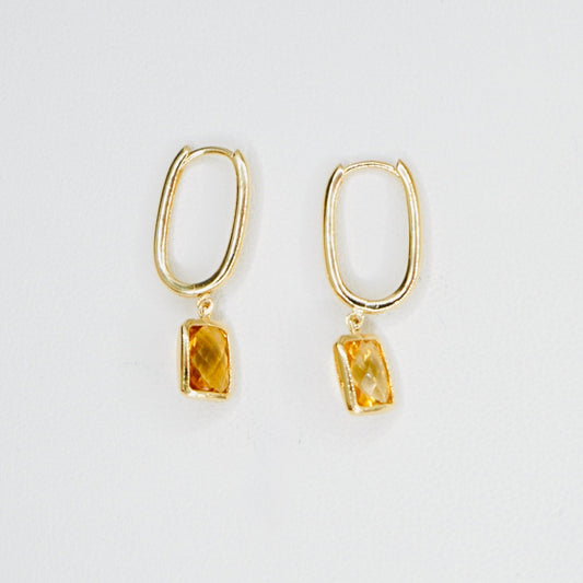Solid 14K Gold Dangling Citrine Stone Earrings
