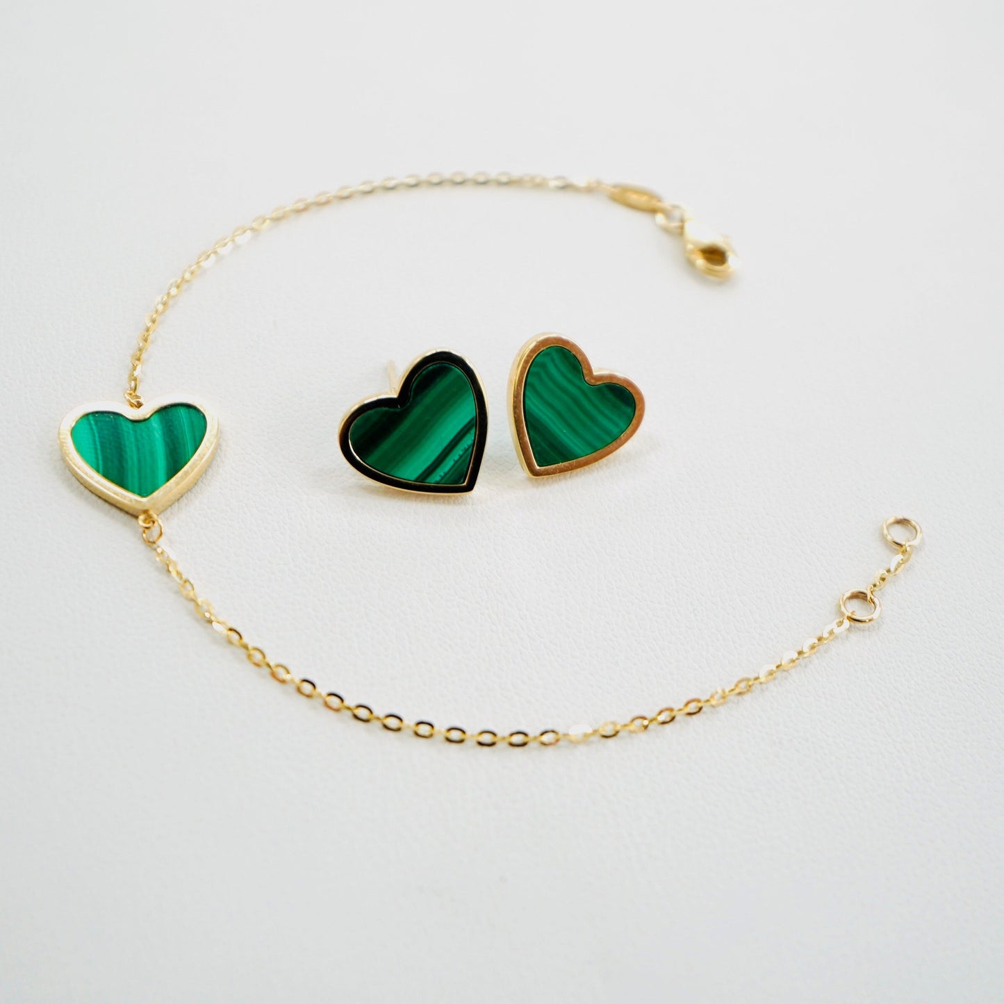 Solid 14K Yellow Gold Malachite Heart Bracelet and Earring Bundle BUN001