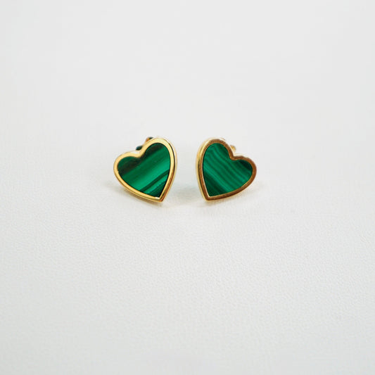Fancy 14K Yellow Gold Malachite Heart Earrings