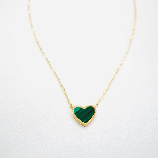 Solid 14K Yellow Gold Malachite Heart Chain