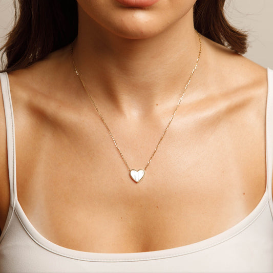 Solid 14K Yellow Gold Mother of Pearl Heart Chain