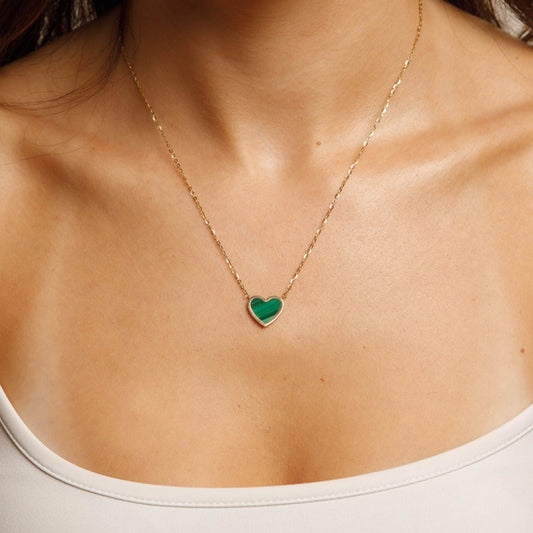 Solid 14K Yellow Gold Malachite Heart Chain