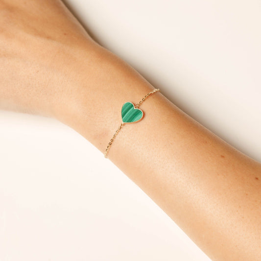 Solid 14K Yellow Gold Malachite Heart Bracelet