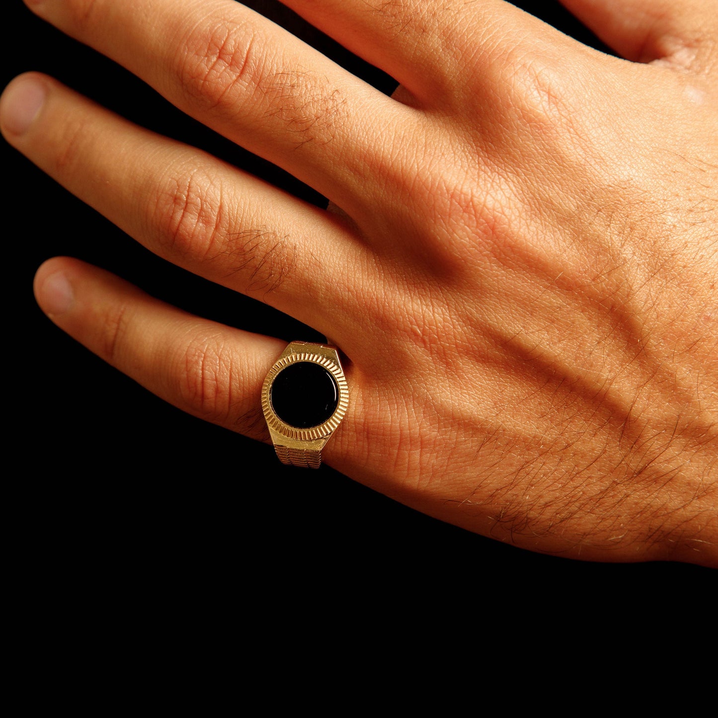 Solid 14K Yellow Gold Fluted Onyx Ring EJRG1576