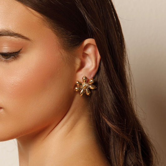 Solid 14K Yellow Gold Flower Earrings