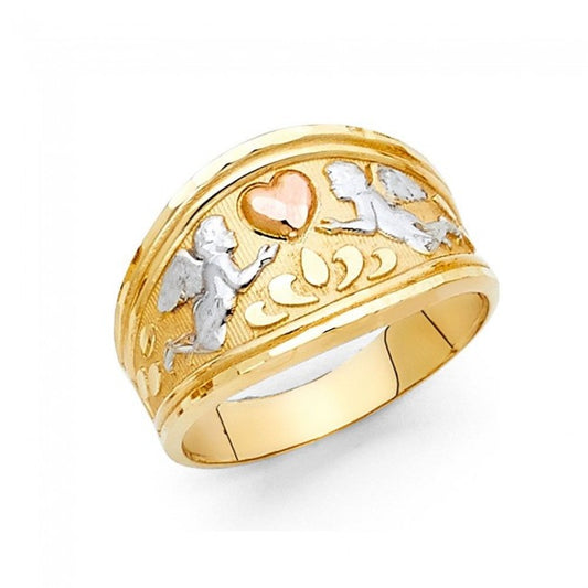 14K Tricolor Gold Angels & Heart Ring - EJRG2108