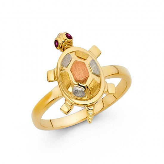 14K Trigold TURTLE Ring with Red CZ - EJLRG1694