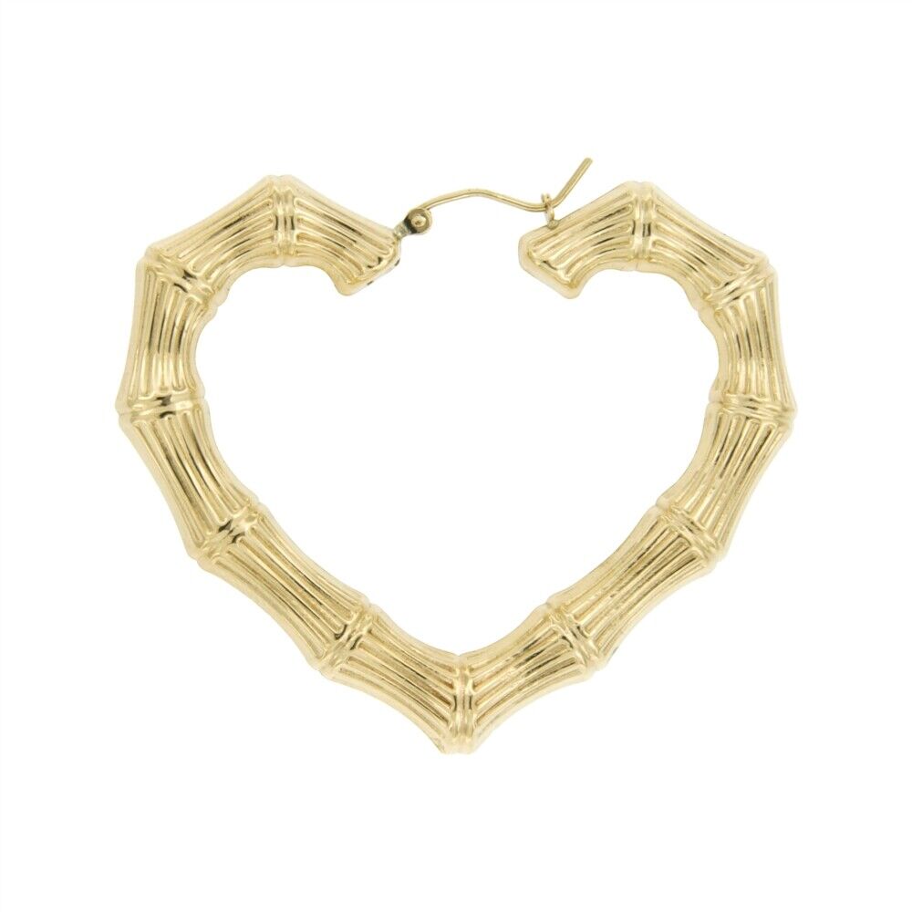 14K Yellow Gold 2" Wide Heart Bamboo Earrings - EJHO1091