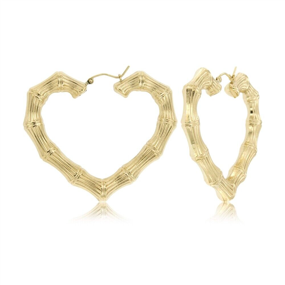 14K Yellow Gold 2" Wide Heart Bamboo Earrings - EJHO1091