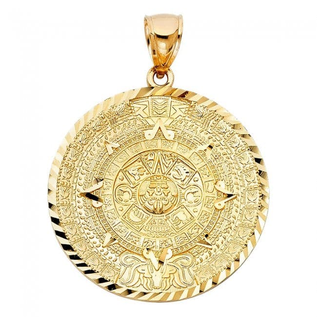 Solid 14K Yellow Gold Calendario Azteca Pendant