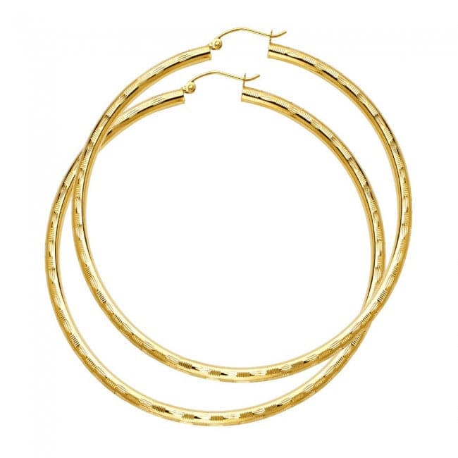 14K Yellow Gold Large 2.5" Diamond-Cut Hoop Earrings
