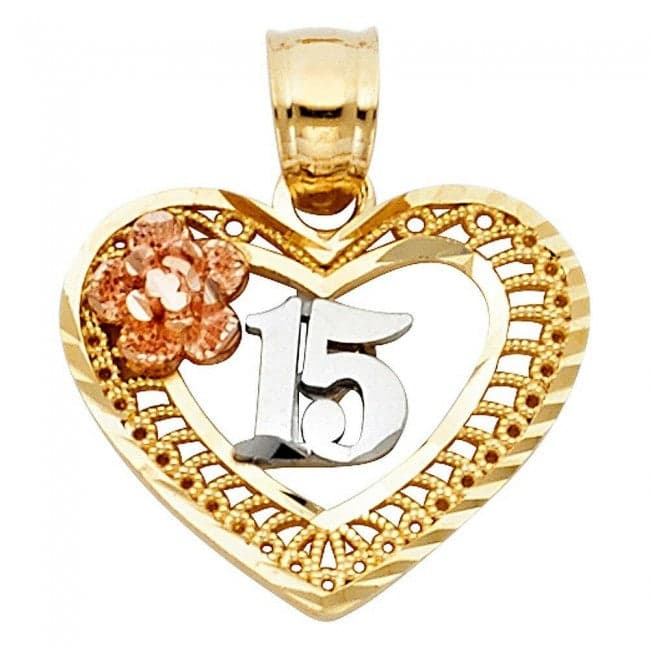 Solid 14K Tricolor Gold 15 Heart Pendant