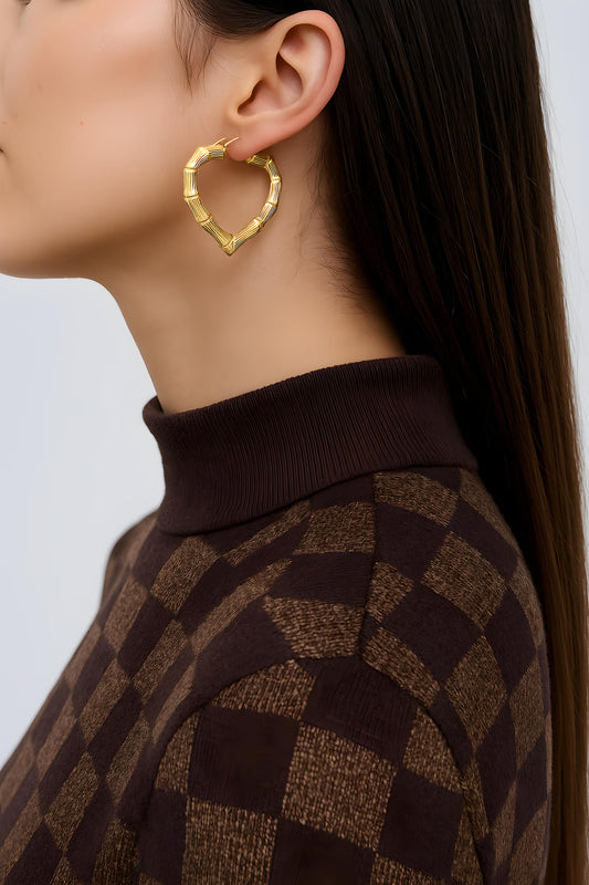 Solid 14K Yellow Gold 2" Wide Heart Bamboo Earrings EJHO1091
