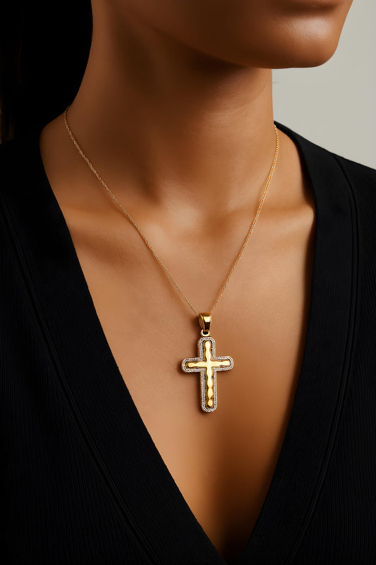 Solid 14K Two Tone Gold Filigree Cross EJPT118