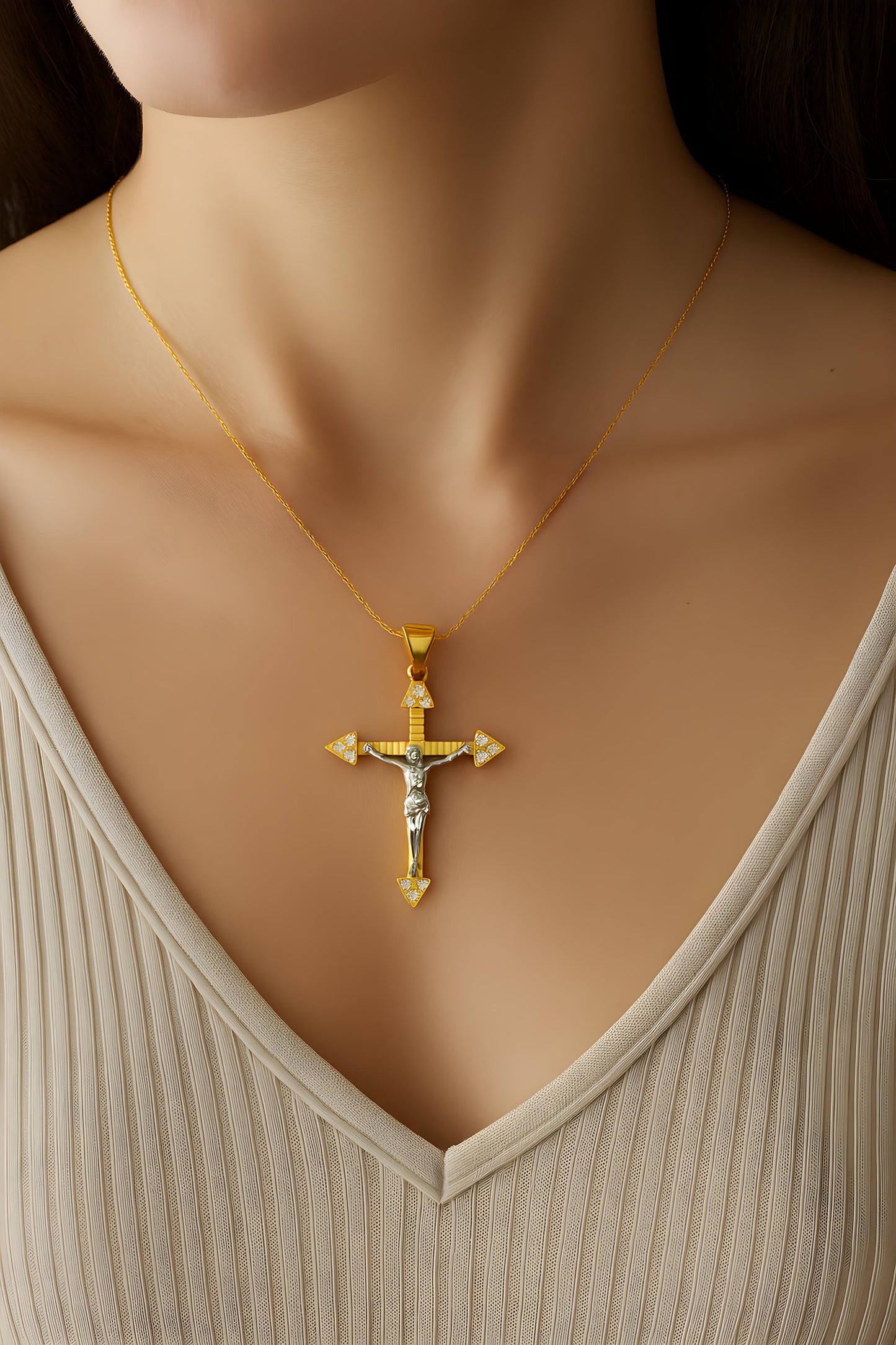 Solid 14K Gold Fancy D/C Crucifix pendant EJPT1219