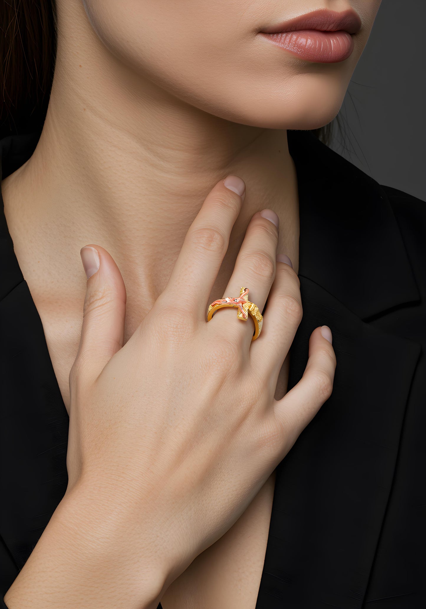 Solid 14K Yellow and Rose Gold Crucifix Ring EJRG1816