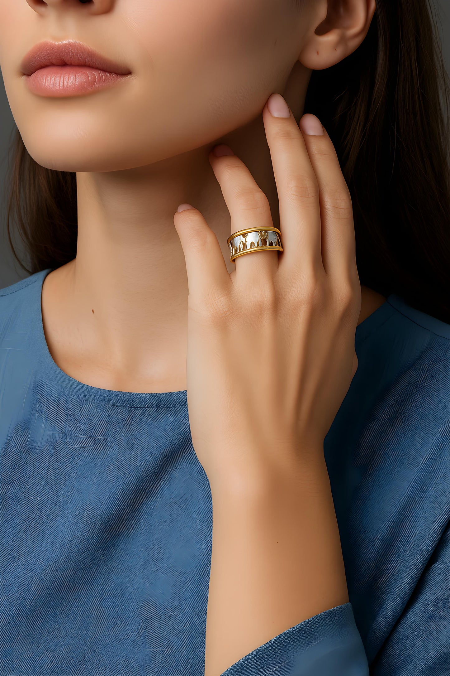 Solid 14K Two-Tone Gold Lucky Elephants Ring EJRG2076