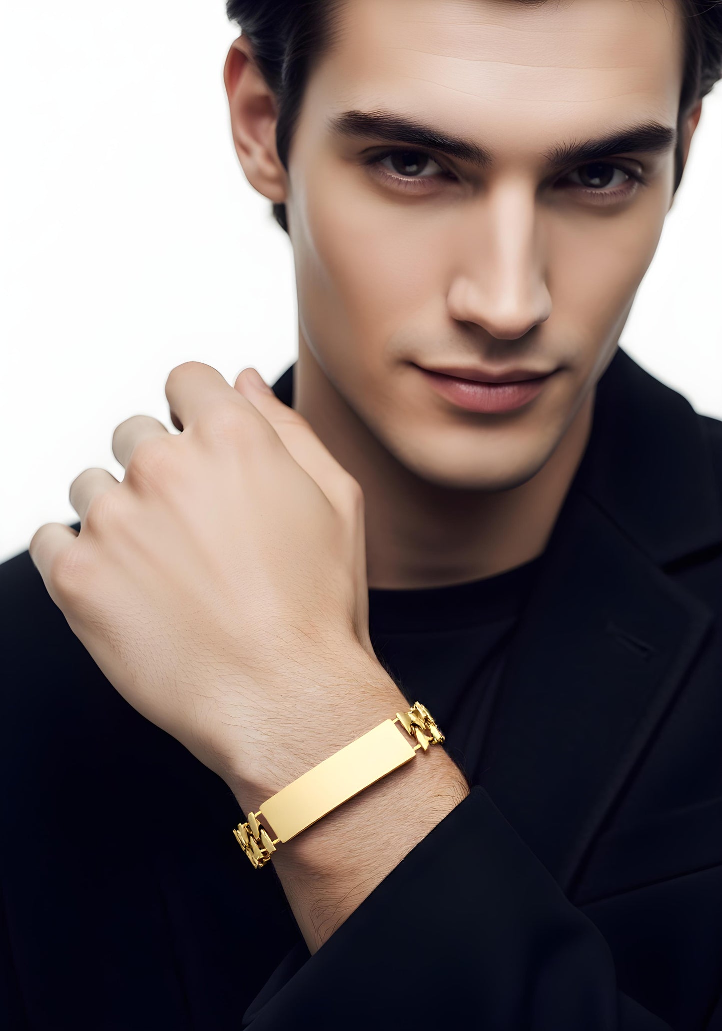 Solid 14K Gold 10mm wide Square Curb ID Bracelet EJMB21004