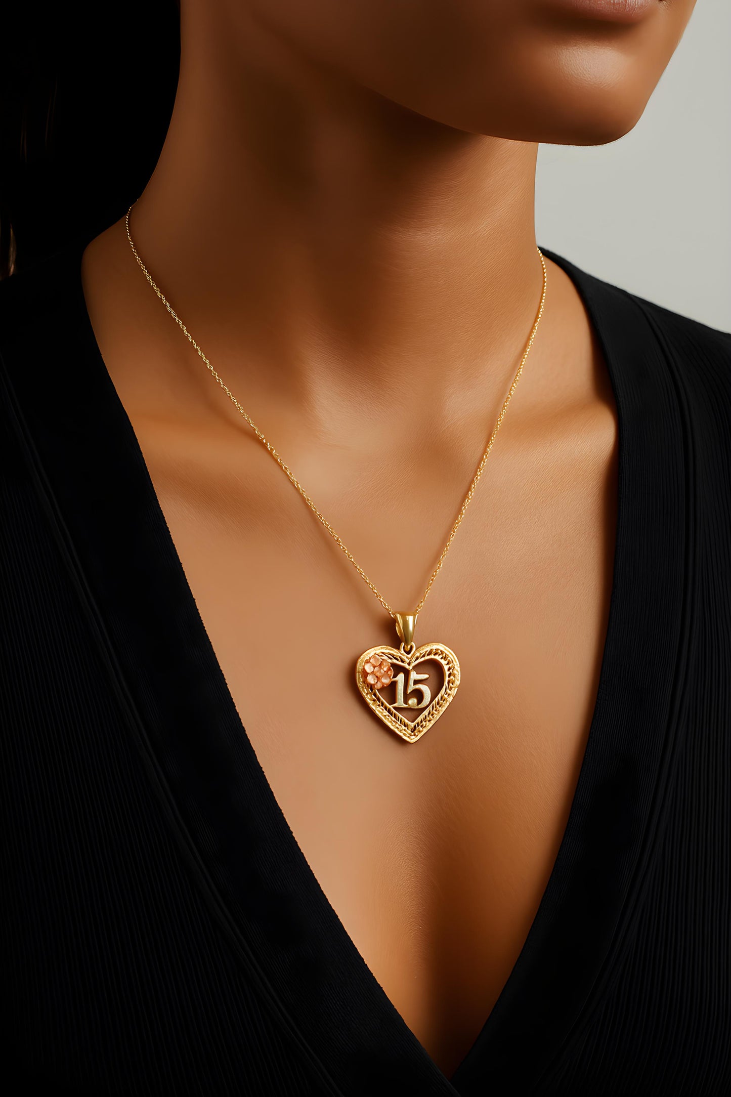 Solid 14K Tricolor Gold 15 Heart Pendant EJPT361