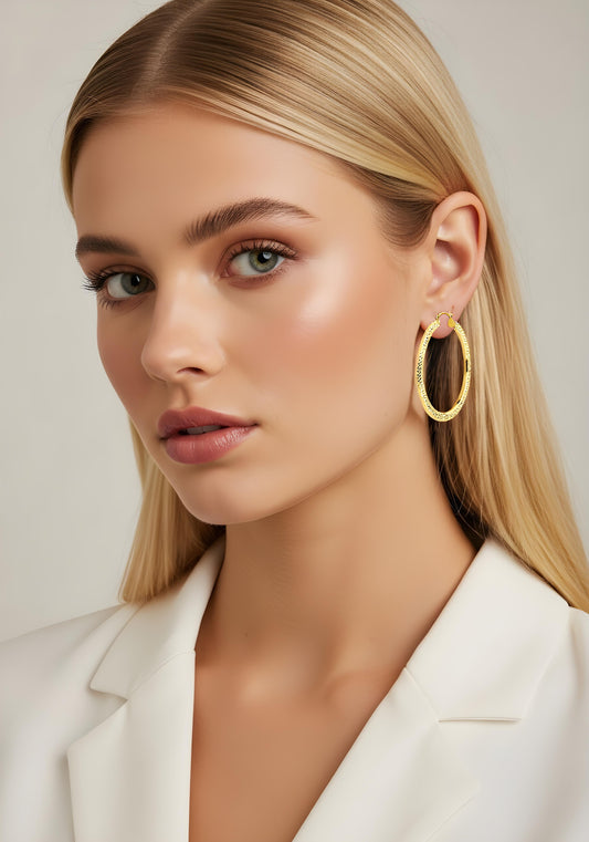 Hollow 14K gold 4mm full diamond-cut hoop earrings EJ4Y4040