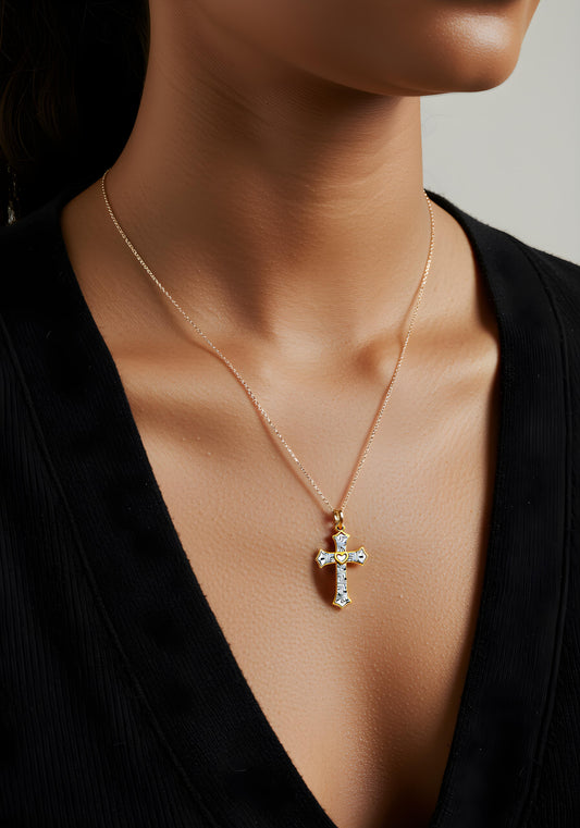 Solid 14K gold Heart Greek Key Cross Pendant EJPT761
