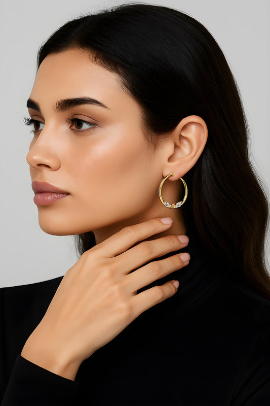 Solid 14K Tricolor gold Flower Hoop Earrings EJER979