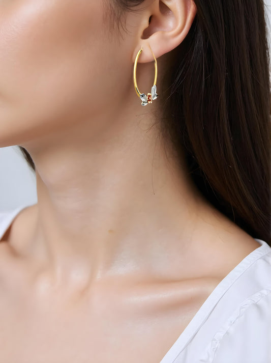 Solid 14K tricolor gold flower hoop earrings EJER982