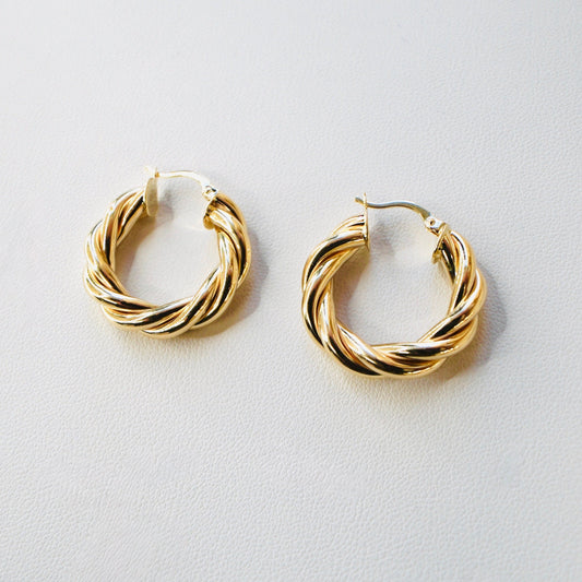 Fancy 14K Yellow Gold Twisted Hoop Earrings EJER0961