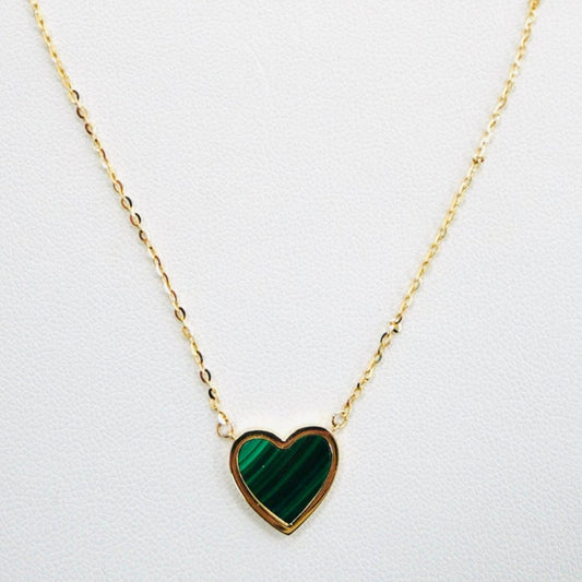 14K Yellow Gold Malachite Heart Chain