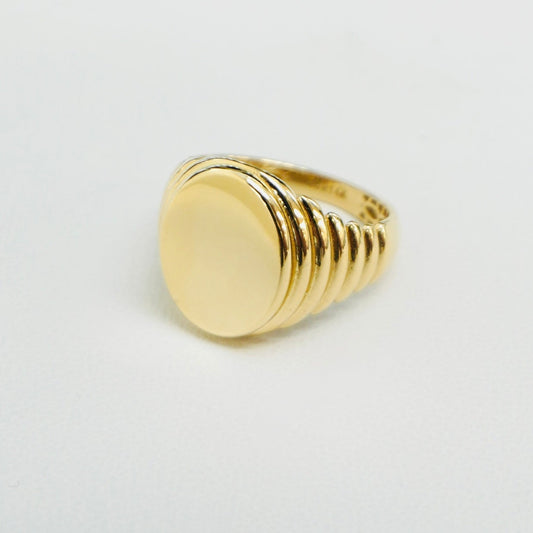 Solid 14K yellow gold Groove Oval Men's Signet Ring EJRG1643