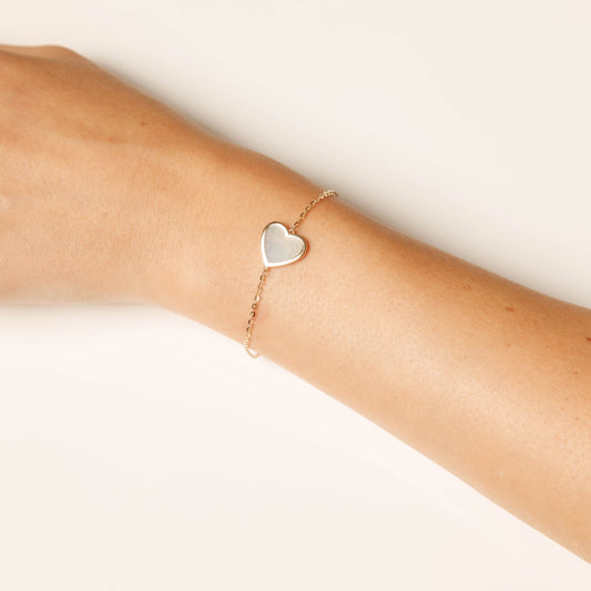 Solid 14K Yellow Gold Mother of Pearl Heart Bracelet EJAB203