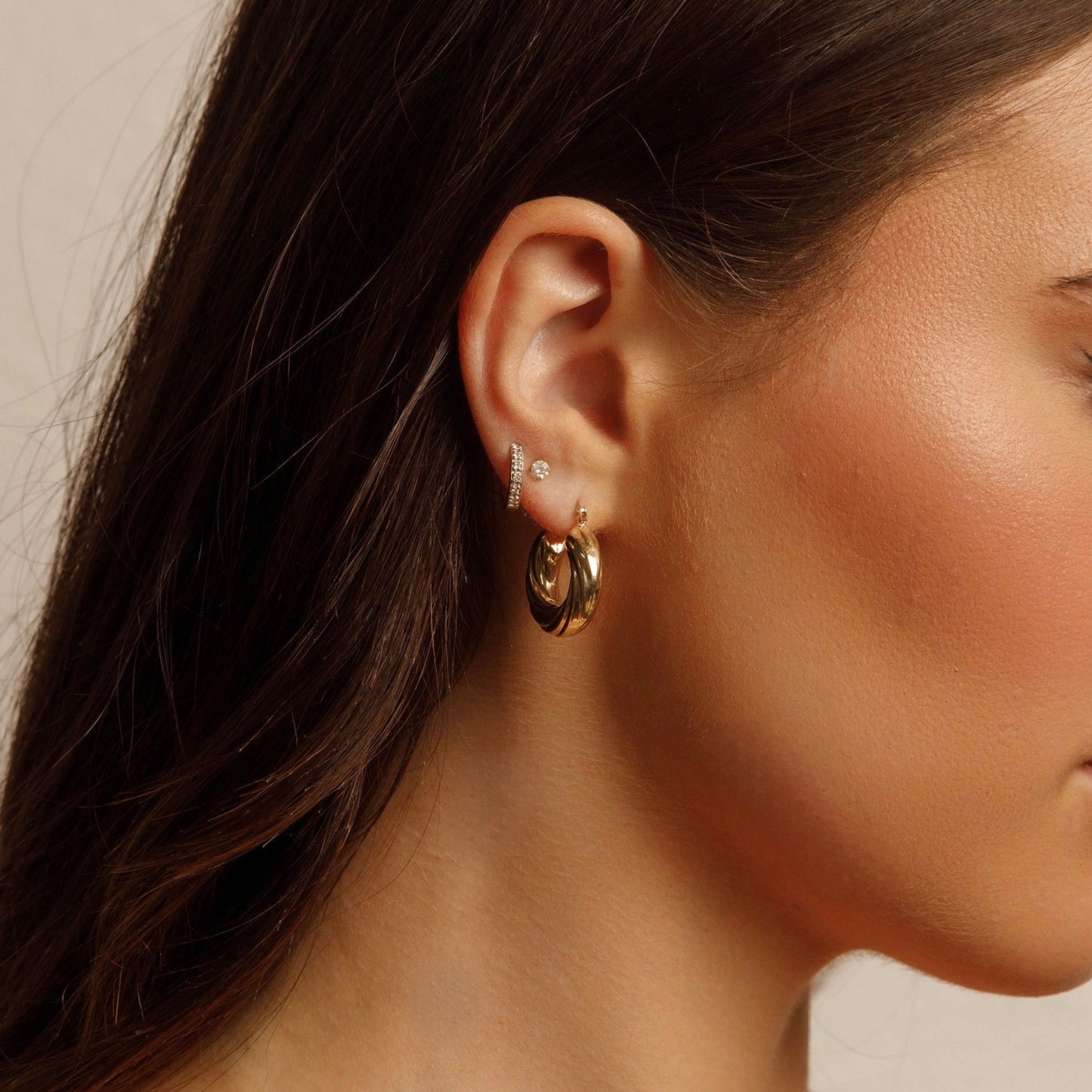 Fancy 14K Yellow Gold Twisted Puff Hoop Earrings EJER0959