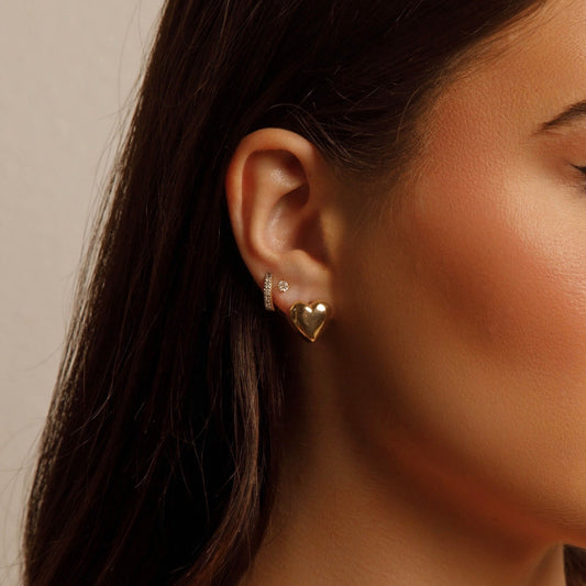 14K Yellow Gold Heart Huggie Earrings
