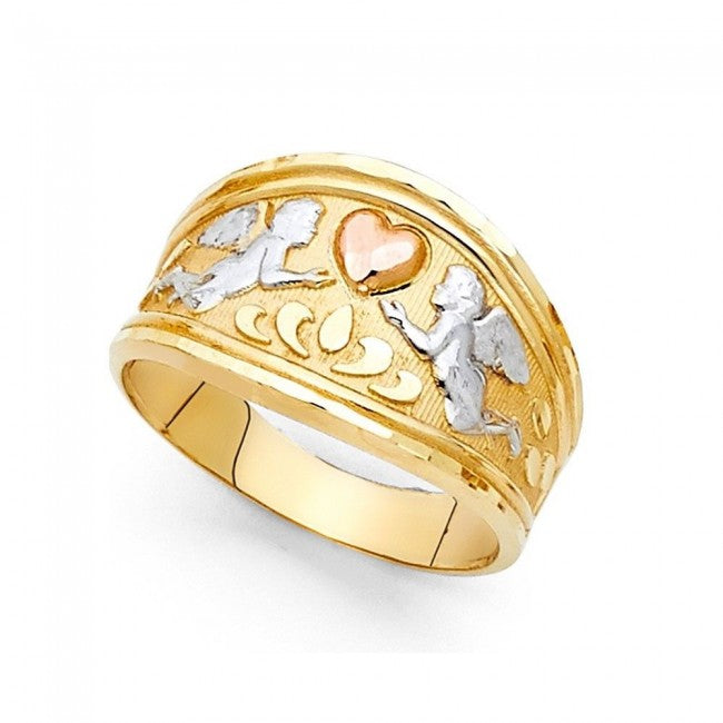 14K Tricolor Gold Angels & Heart Ring - EJRG2108