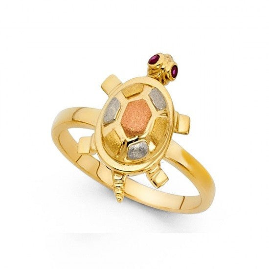 14K Trigold TURTLE Ring with Red CZ - EJLRG1694
