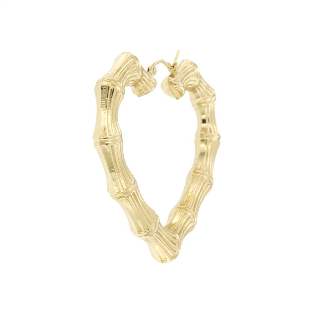 14K Yellow Gold 2" Wide Heart Bamboo Earrings - EJHO1091